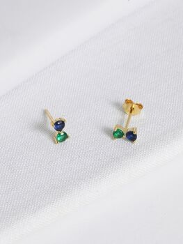 18 K Gold Plated Green And Blue Cz Double Stud Earrings, 3 of 9