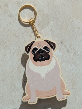 Pug Dog Wooden Keyring With Optional Christmas Card, 7 of 8