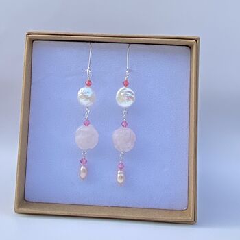 Rose Pink Quartz Pearl Sterling Silver Dangle Earrings, 2 of 3