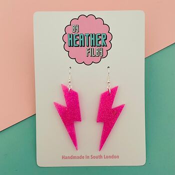 Neon Pink Glitter Lightning Bolt Earrings Small And Large, 9 of 10