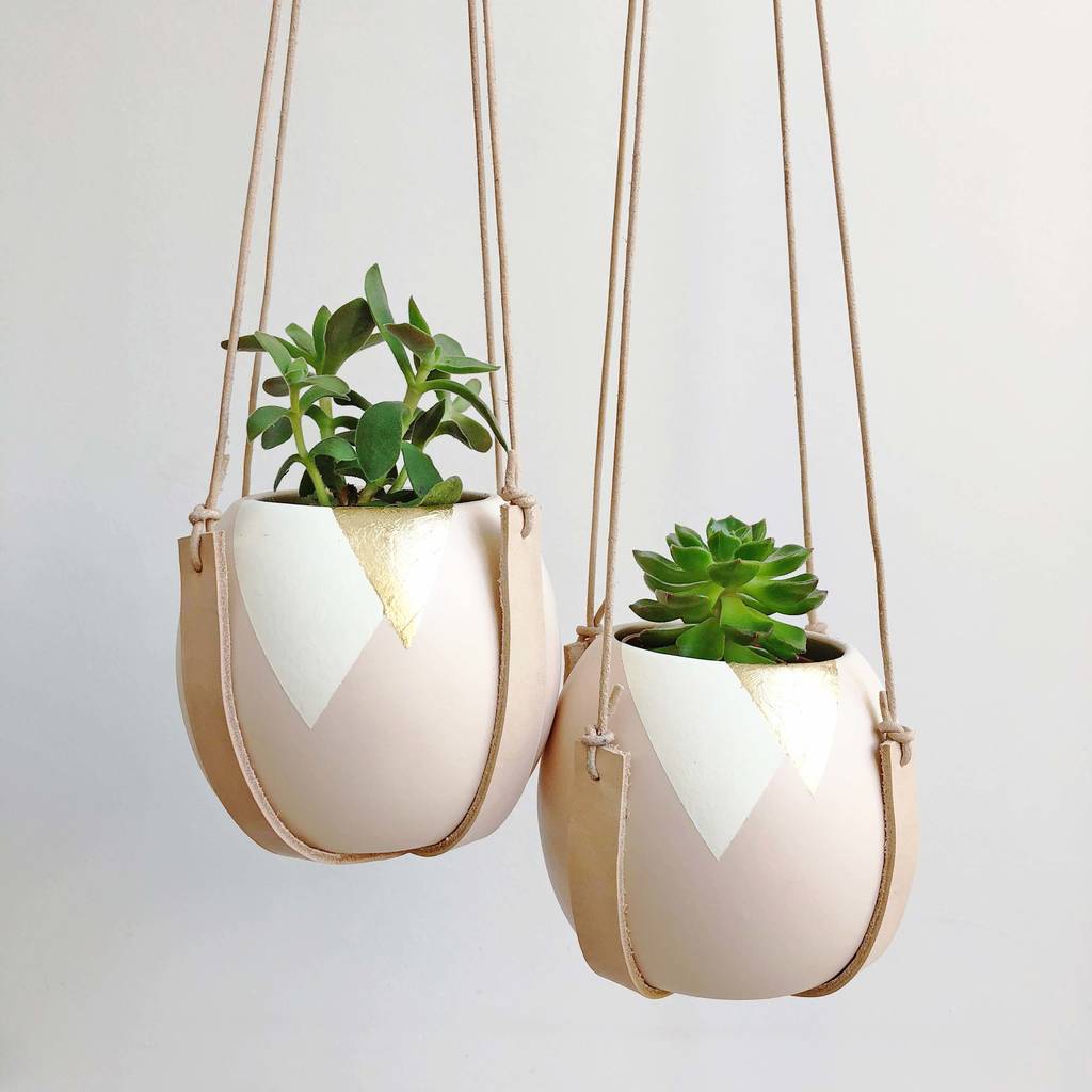 Gold Leaf Triangle Pot And Leather Plant Hanger, 1 of 2