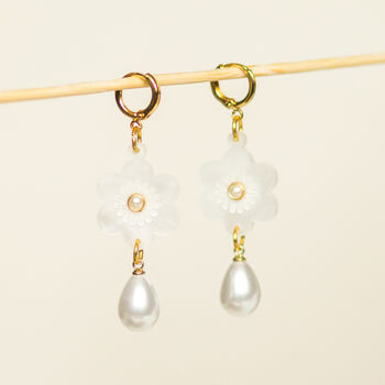 18 K Gold Plated Huggie Hoops With Teardrop Pearl, Flower, And Ivory Pearl Rhinestone Dangle Earrings, 2 of 6