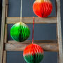 Three Red And Green Ombre Paper Honeycomb Decorations, thumbnail 1 of 2
