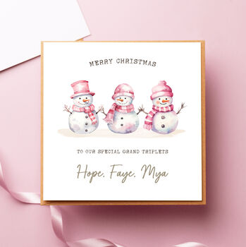 Personalised Snowman Triplets Boys And Girl Christmas Card, 2 of 5