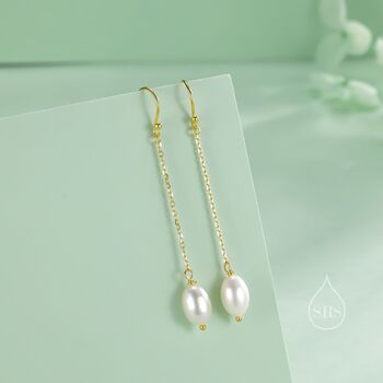 Sterling Silver Genuine Oval Freshwater Pearl Drop Hook Earrings, 6 of 11