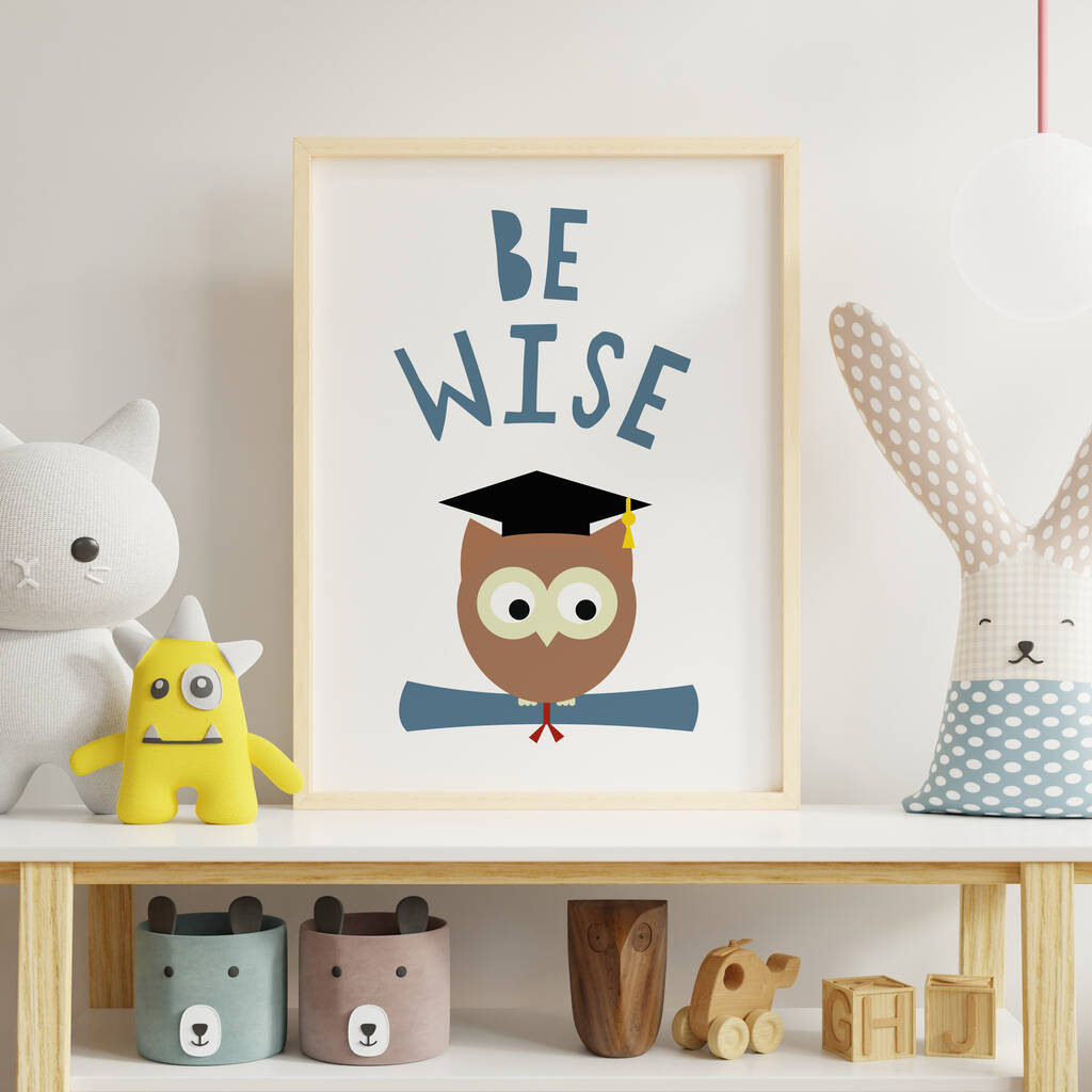 Children's Owl 'Be Wise' Typography Print, 1 of 5