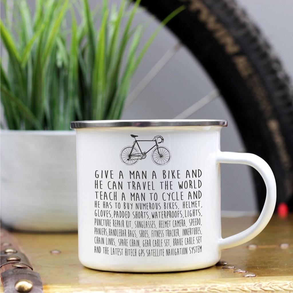 'Give A Man/Woman A Bike' Enamel Mug, 1 of 10