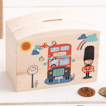Personalised London Bus Themed Money Pot Piggy Bank, 2 of 5