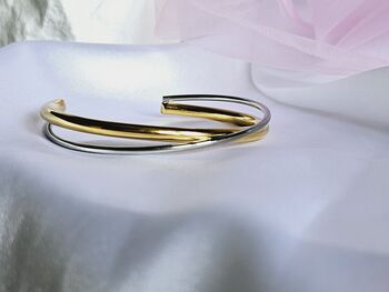 Two Tone Minimalist Open Cuff Bangle 18 K Gold And Silver Plated Stainless Steel Bracelet Everyday Wear Jewellery Gift, 4 of 6