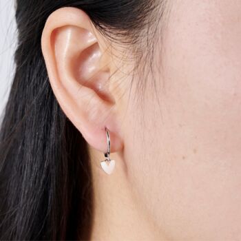 Silver Heasrt Charm Hoop Earrings, Unisex Hoop Earrings, Minimalistic Hoops, 2 of 7