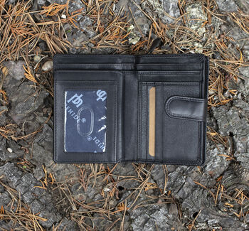 Women's Luxury Black Leather Tab Trifold Purse Rfid Protected Personsalised, 4 of 7