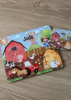 Kids Personalised Farm Theme Placemat, Coaster And Mug Dinner Set, 6 of 6