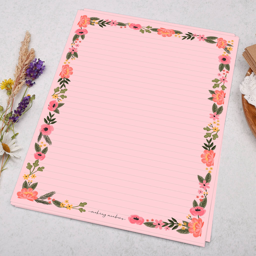 A4 Writing Paper, Pink Floral Border, Letter Writing, Making Meadows