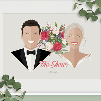 Personalised Wedding Couple And Bouquet Portrait Print, 3 of 4
