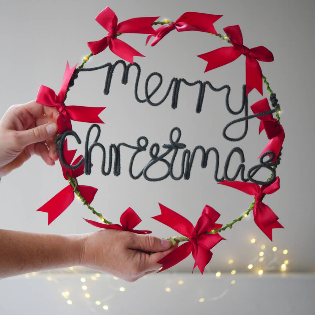 Merry Christmas Satin Bow Light Up Wreath | Handmade Holiday Decoration, 1 of 5