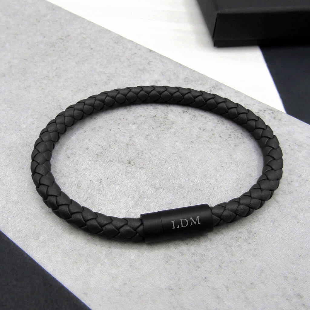 Personalised Men's Black Clasp Woven Thick Leather Bracelet, 1 of 8