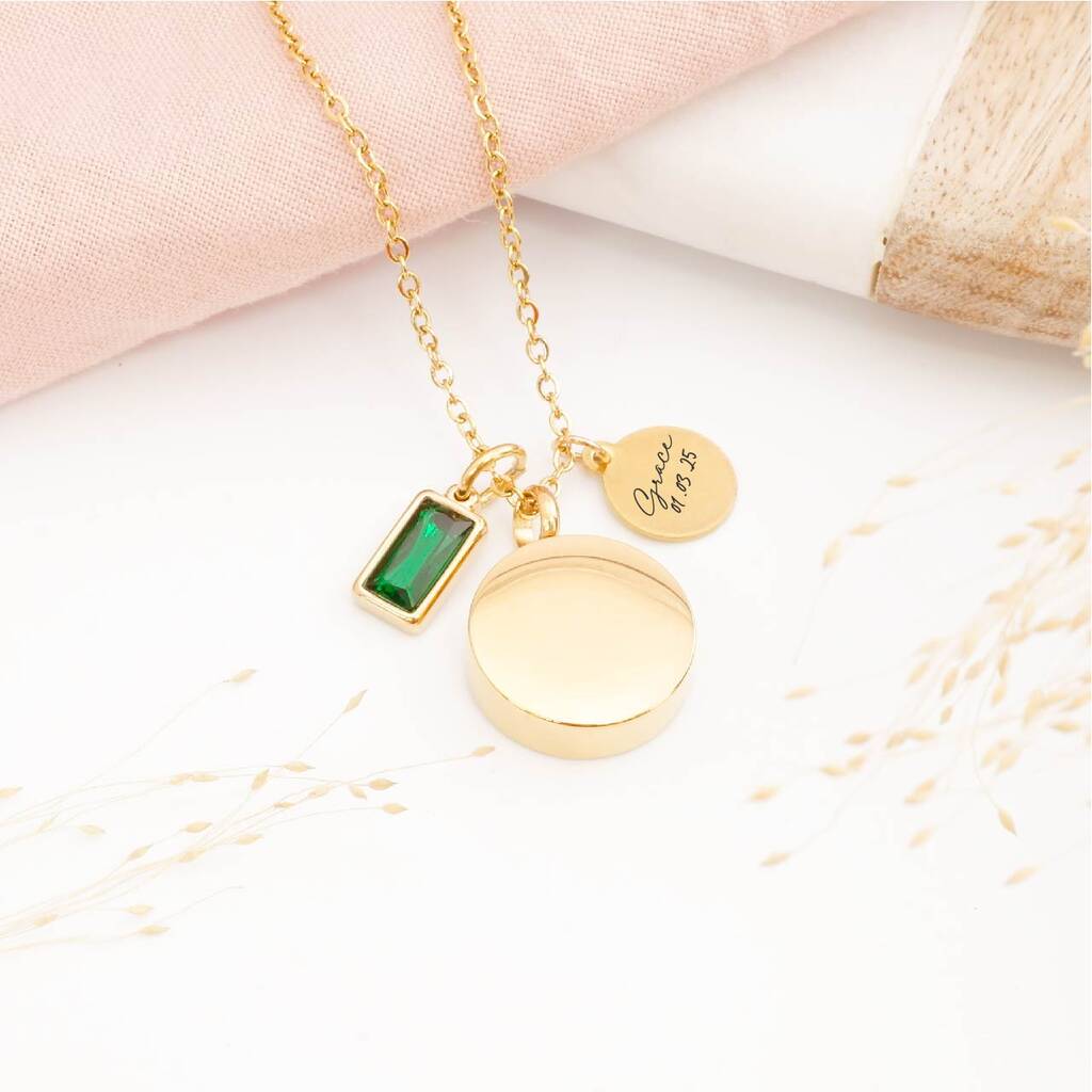 Personalised Engraved Round Cremation Necklace With Birthstone, 1 of 8