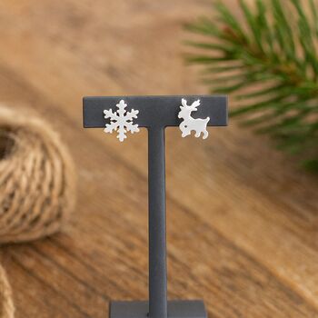 Merry Little Christmas Reindeer And Snowflake Sterling Silver Earrings, 2 of 6