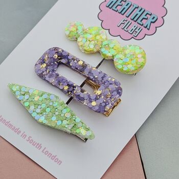 Lilac And Green Glitter Resin Hair Clips, 4 of 4