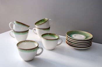 Green Set Of Six Handmade Porcelain Tea Cup With Saucer, 11 of 12