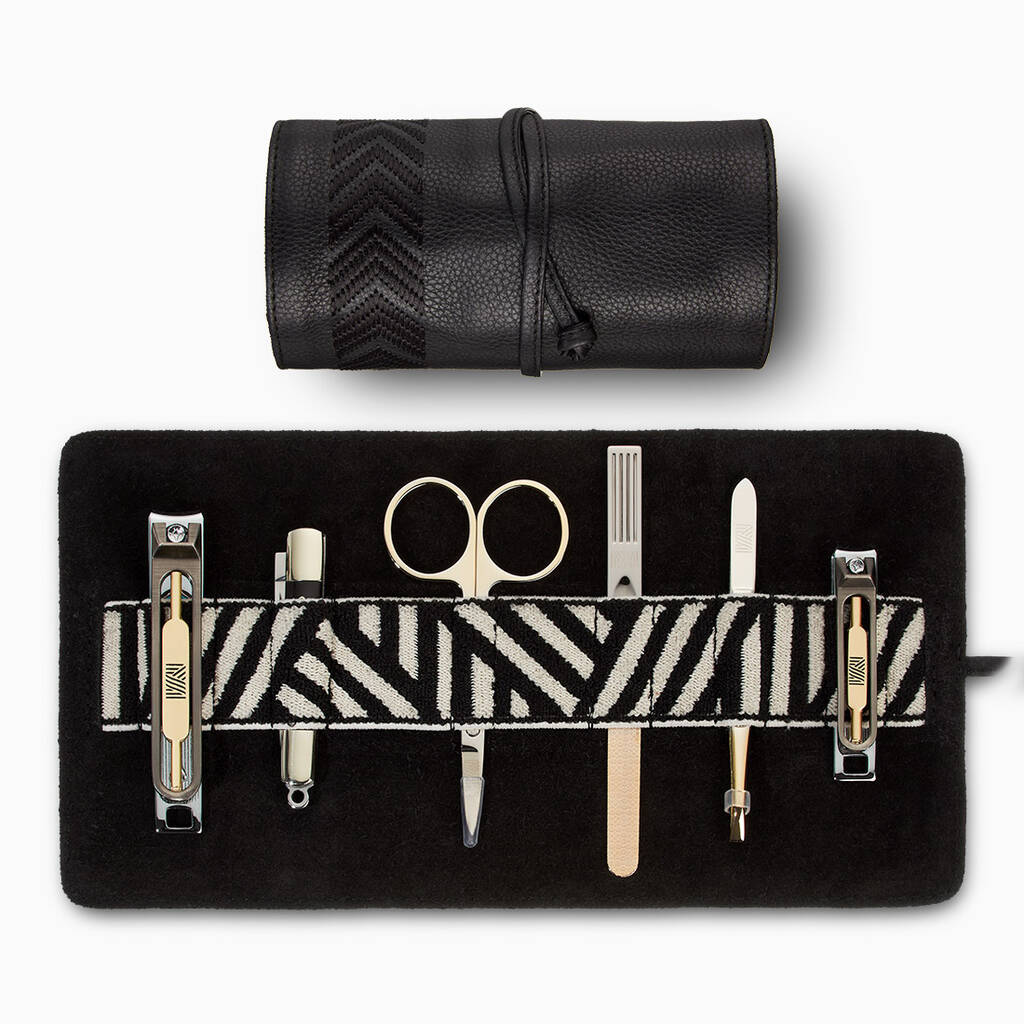 Leather Travel Grooming Roll Manicure Set, Black, 1 of 6