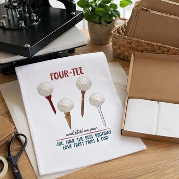 Personalised Four Tee Tea Towel 40th Birthday Gift For Golfers, 2 of 7