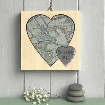 Double Painted Heart Shaped Map Print On Wood, 2 of 10