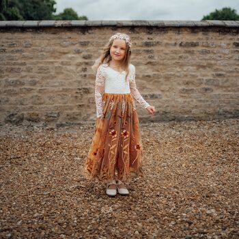 Chantilly Lace Burnt Orange Embroidered Flower Girl Wedding Dress, 3 of 8