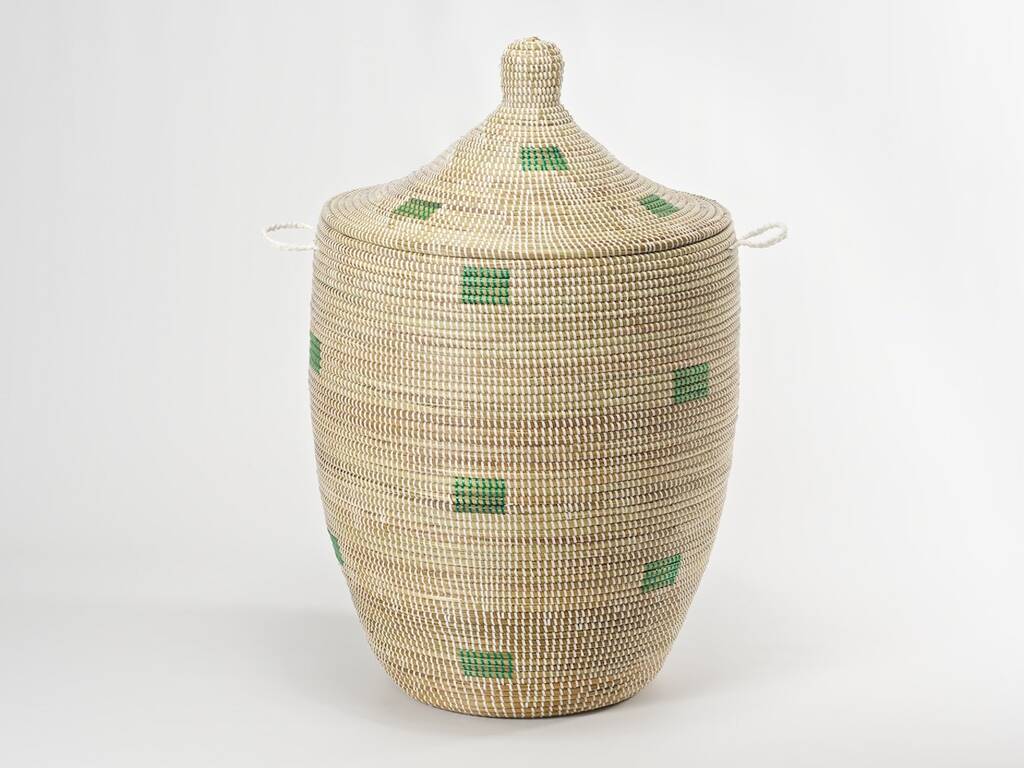 Handwoven Alibaba Laundry Basket With Green Squares By Artisanne