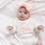 Personalised Embroidered Ruffle Detail Knitted Baby Romper Three Colours Available, thumbnail 12 of 12