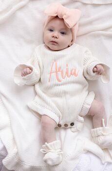 Personalised Embroidered Ruffle Detail Knitted Baby Romper Three Colours Available, 12 of 12