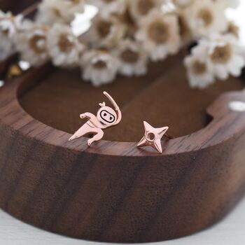 Tiny Mismatched Ninja And Ninja Shuriken Star Stud Earrings In Sterling Silver, 3 of 12