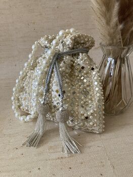 White Handcrafted Mirror Potli Bag, 7 of 8