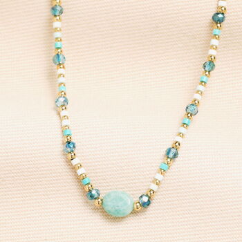 Semi Precious Beaded Blue Oval Pendant Necklace In Gold Plating, 2 of 3