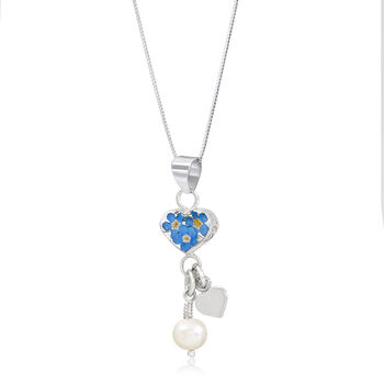 Sterling Silver Heart And Pearl Pendant Necklace With Real Flowers, 3 of 11