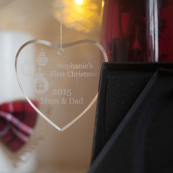 Engraved Glass Bauble Heart Shaped Festive Design, 2 of 3