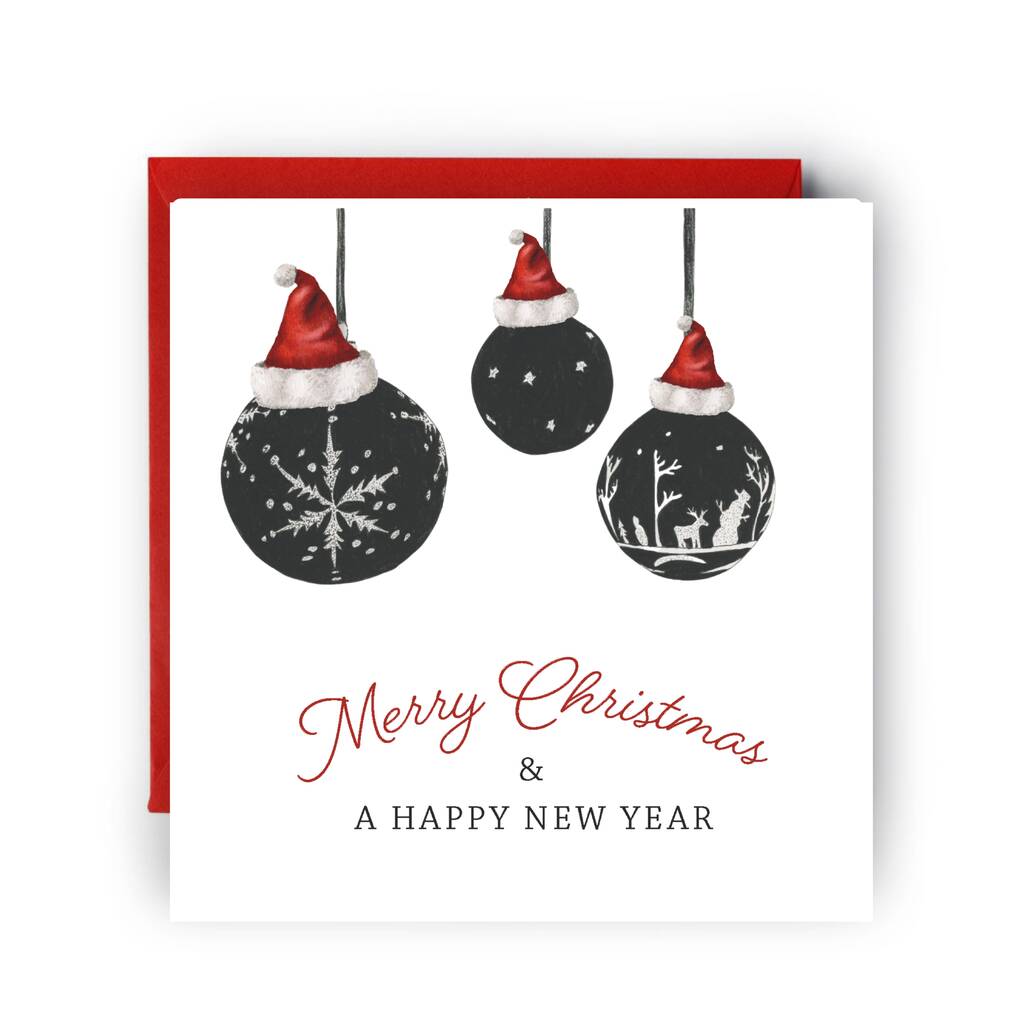 Three Red Hat Bauble Christmas Card, 1 of 4