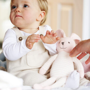 Crochet Bunny In Pink Stripes Soft Toy For Baby And Toddler, 2 of 12