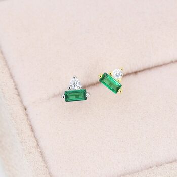 Emerald Green Baguette And Round Cz Stud Earrings, 4 of 12