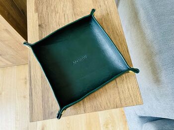 Personalised Dark Racing Green Leather Accessories Tray, 12 of 12