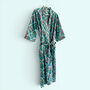Teal Ditsy Floral Print 100% Cotton Block Print Dressing Gown, thumbnail 4 of 6