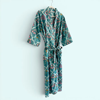 Teal Ditsy Floral Print 100% Cotton Block Print Dressing Gown, 4 of 6