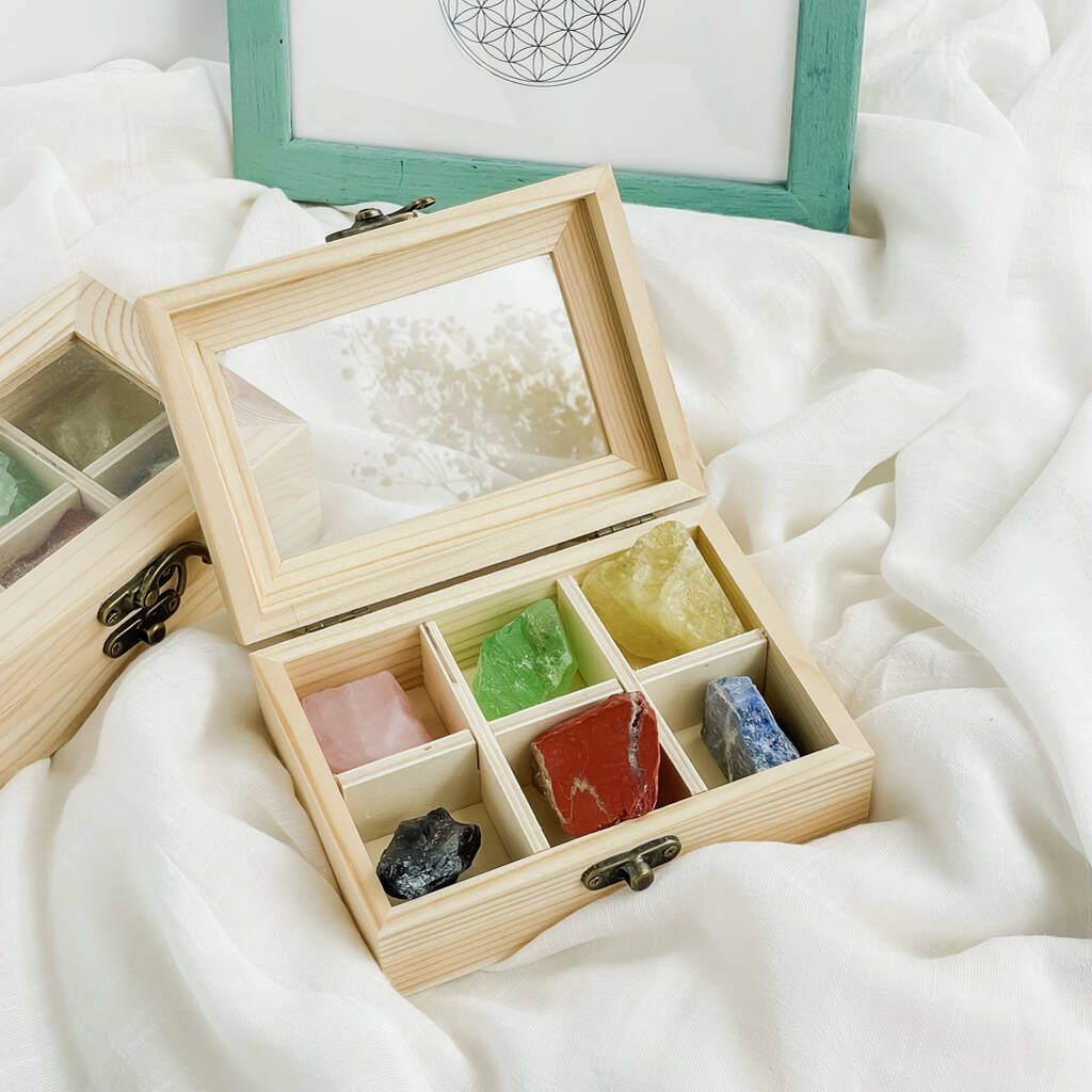 Six Pieces Raw Healing Crystals In Wooden Box, 1 of 4