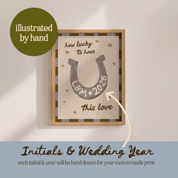 Personalised 'How Lucky' Horseshoe Wedding Art Print, 4 of 12