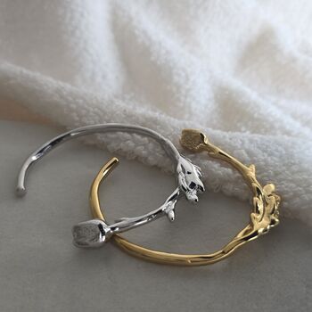 18 K Gold Silver Sculptural Cuff Bracelet Floral Waterproof Open Bangle, 6 of 13