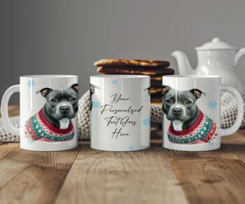 Personalised Black Staffordshire Bull Terrier In Christmas Jumper Mug, 2 of 2