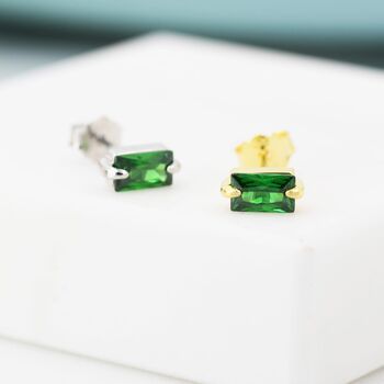 Sterling Silver Tiny Baguette Cut Emerald Green Cz Stud Earrings, 4 of 12
