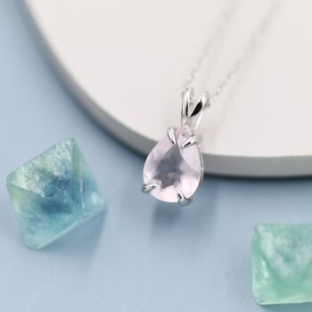Sterling Silver Genuine Rose Quartz Pear Cut Necklace, 4 of 12