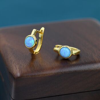 Sterling Silver Blue Opal Huggie Hoop Earrings, 2 of 11