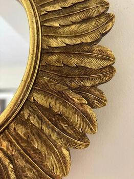 32cm Gold Sunburst Mirror Feather Leaf Decor Distressed Gift, 3 of 7